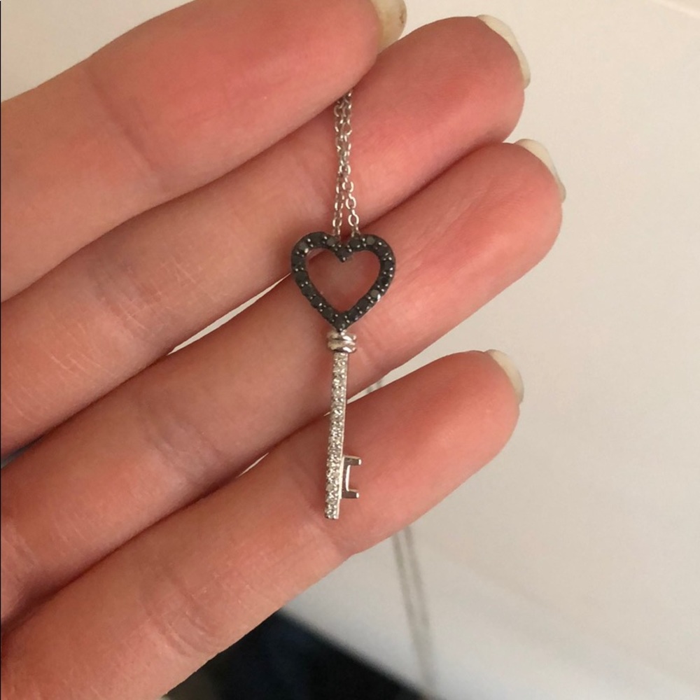 Black/silver diamond heart key necklace- like new